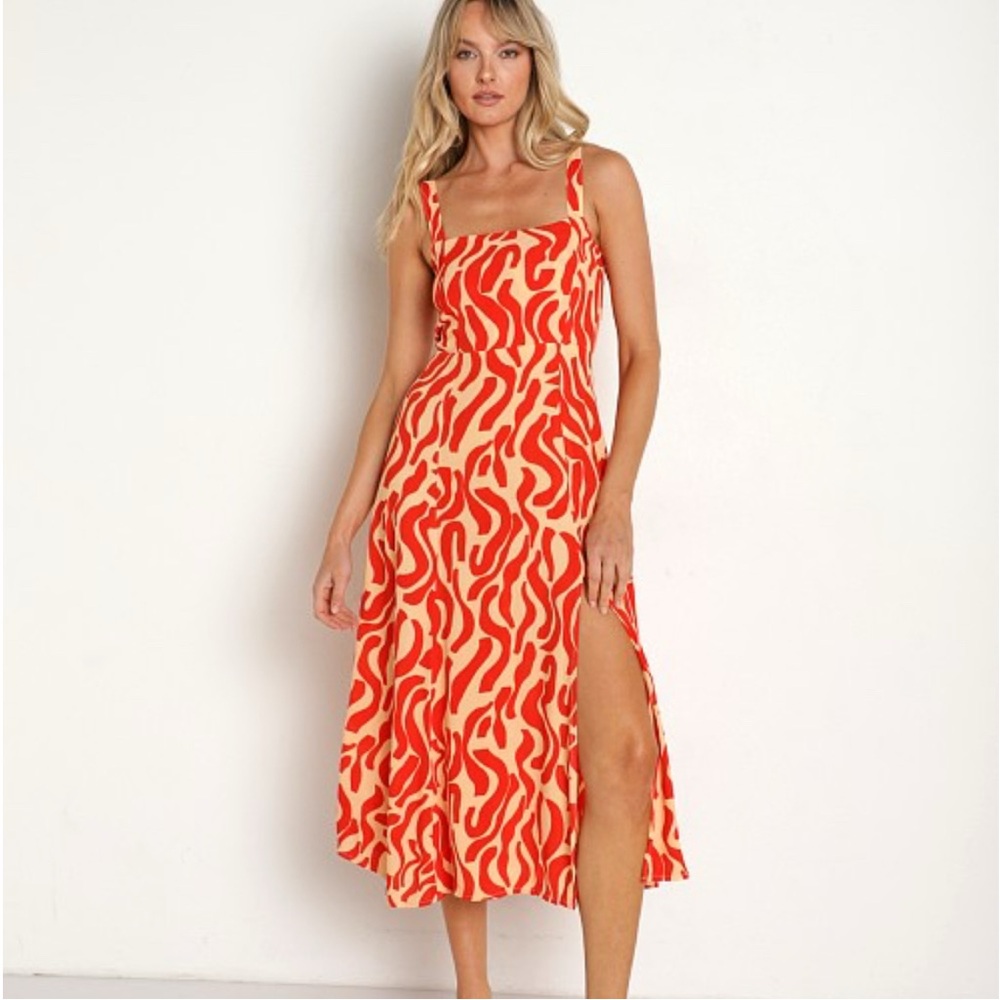 Faithfull the Brand Red and Cream Midi Dress